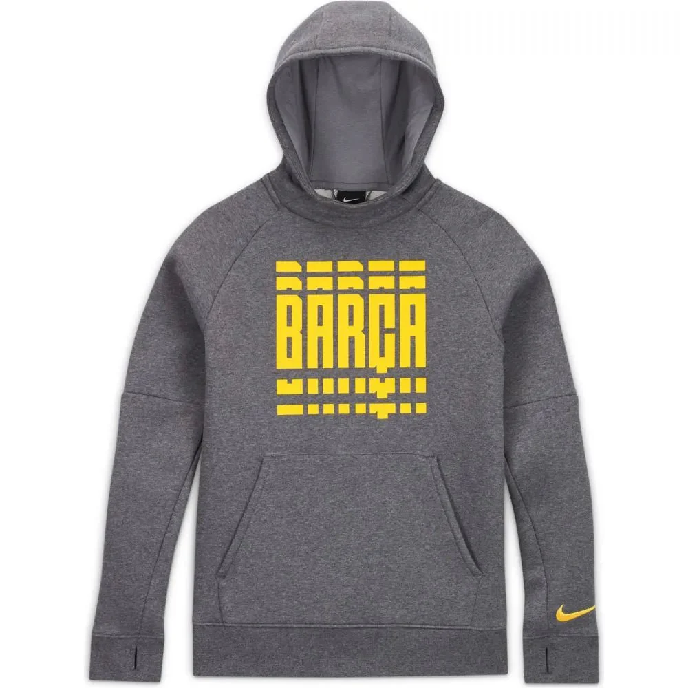 Nike 2020-21 Barcelona Youth Fleece Pullover Hoodie - Grey-Yellow